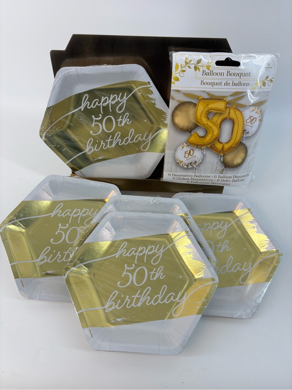 (40)Gold & White Happy 50th Birthday Hexagon Plates with (6)Balloon Bouquet